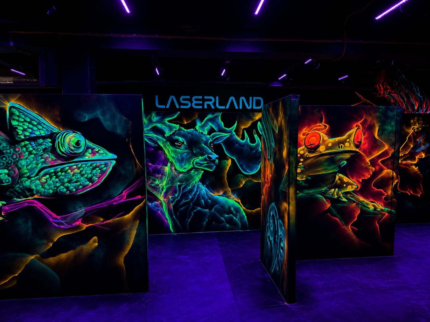 Lasertag-Arena mit leuchtenden Tier-Graffiti im Laserland Chemnitz